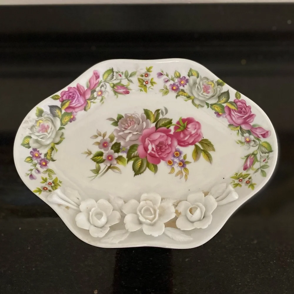 Vintage White Floral Dish with Pink Rose Accent